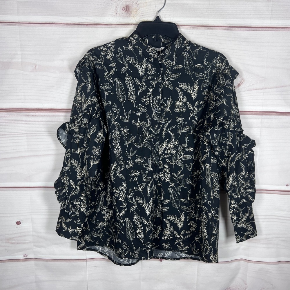 Thakoon Top Womens XS Black Floral Print Ruffle Silk Cotton Button Up Blouse